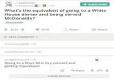 黑 r/AskReddit +SUBSCRIBE 2嵒-11h What's the equivalent of going to a White House dinner and being served McDonalds? Discussion 441.1k -10.3k T,Share Award BEST COMMENTS ▼ ThenlGotHigh81 7h imwiththedrummer 3h swaggaliciouskk 3h Going to a Boys Who Cry concert and getting Squidward. 4 MORE REPLIES