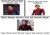 Some say that Andrew Garfield was the best spider man Some say it's Tom Holland But deep down we all know that Han Solo and Shrek have the same outfit
