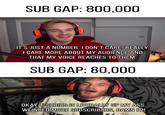 SUB GAP: 800,000 IT'S JUST A NUMBER. I DON'T CARE, REALLY I CARE MORE ABOUT MY AUDIENCE AND THAT MY VOICE REACHES TO THEM SUB GAP: 80,000 OKAV T SERIES IS LITIERALLY UPMY ASS. WE NEED MORE SUBSCRIBERS, DAMNT
