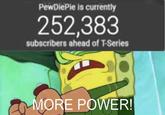 PewDiePie is currently 252,383 subscribers ahead of T-Series MORE POWER!