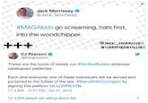 Jack Morrissey @Jack Morrissey #MAGAkids go screaming, hats first, into the woodchipper. X QJACK_ MORRISSEY #VERIFIEDBULLIES CJ Pearson @thecipearson These are the types of tweets our #VerifiedBullies database catalogued yesterday Each and everyone one of these individuals will be served and punished to the fullest of the law. #StandWithCovington by signing this petition: bit.ly/2W9Lh7N 4,854 12:01 PM - Jan 21, 2019 2,876 people are talking about this