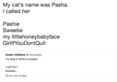 My cat's name was Pasha. I called her Pashie Sweetie my littlehoneybabyface GirllfYouDontQuit fooler initiative @metroadlitb my dog's name is cooper. i call him- boubba... Show this thread