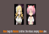 Mami begs for Madoka to kill her. She refuses, keeping Mami alive.