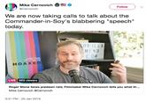 Mike Cernovich Follow @Cernovich We are now taking calls to talk about the Commander-in-Soy's blabbering "speech" today. OR ILLA MIND C OM EVERYTHING THEY TOLD YOU LIE HOAXE LIVE 865 viewers Roger Stone faces predawn raid, Filmmaker Mike Cernovich tells you what th... Mike Cernovich @Cernovich 3:31 PM-25 Jan 2019