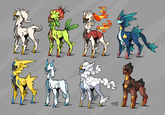 concept art for a fic, but also in general i thought it'd be neat if arceus actually had its different forms be more than just palette swaps. and yes i know the electric one looks like zeraora but zeraora has just a really electric-screaming design and color palette

<a href="https://www.deviantart.com/wolframclaws/art/arceus-forms-batch-one-783009990">on my deviantart</a>