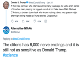 Donald J. Trump. @realDonaldTrump·Jan 24 A third rate conman who interviewed me many years ago for just a short period of time has been playing his biggest con of all on Fake News CNN. Michael D'Antonio, a broken down hack who knows nothing about me, goes on night after night telling made up Trump stories. Disgraceful! Alternative NOAA aNOAA Replying to @realDonaldTrump The clitoris has 8,000 nerve endings and it is still not as sensitive as Donald Trump. #science