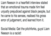 Liam Neeson in a heartfelt interview stated that an emotional trauma made him feel unjustly prejudiced against black people, but he came to his senses, realised his gross error of judgement, and learned from it. Social Media: Get the pitchforks, guys! Liam Neeson is a racist!