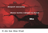 Airport security Water bottle I forgot to finish Me It do be like that