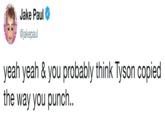 Jake Paul ฉ-y @jakepau yeah yeah & you probably think Tyson copied the way you punch..