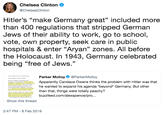 Chelsea Clinton @ChelseaClinton Hitler's "make Germany great" included more than 400 regulations that stripped German Jews of their ability to work, go to school, vote, own property, seek care in public hospitals & enter "A----" zones. All before the Holocaust. In 1943, Germany celebrated being "free of Jews." 35 Parker Molloy. @ParkerMolloy . ー.. . ently Candace Owens thinks the problem with Hitler was that he wanted to expand his agenda 'beyond* Germany. But other than that, things were totally peachy? buzzfeed.com/alexspence/pro... Show this thread 2:47 PM-8 Feb 2019