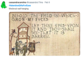 cassandracarolina @cassandra17lina Feb 9 #ValentineGiftsForExes Medieval wall hanging BEBOLD THE FIELD IN WblC.I GROW My FVCKS LAY ThINE CYES VPON BARREN