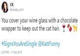 0 You cover your wine glass with a chocolate wrapper to keep out the cat hair. CK @charley_ck14 #SignsYouAreSingle @KattFunny 2:07 PM 11 Feb 2019