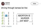 rixanne @fauxroxy Follow driving through kansas be like: 返1 tt II 1 I ABORTION IS I IMURDERI | lEAT BEEF| 1:33 PM -11 Feb 2019