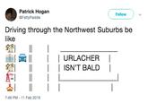 Patrick Hogan @FattyPaddie Follow Driving through the Northwest Suburbs be like URLACHER I LISN'T BALD 斎1 11 7:46 PM -11 Feb 2019