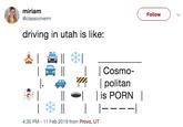 miriam @classicmerm Follow driving in utah is like: Cosmo- I politan is P--- 4:30 PM - 11 Feb 2019 from Provo, UT