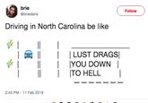 brie @briedans Follow Driving in North Carolina be like I ll ILUST DRAGS I ll I IYOU DOWN 1 ll ITO HELL I 2:45 PM -11 Feb 2019