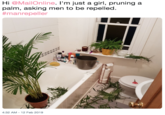 Hi @MailOnline. I'm just a girl, pruninga palm, asking men to be repelled #manrepeller 4:32 AM-12 Feb 2019