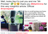Well, looks like it's just you and me "Mr Prickles" Ψ-es thank you @Mail Online for this very insightful article. Official #man repeller How to avoid turning your home into a manrepeller: Interiors therapist reveals the items that could be making your abode off- putting to men By Liz Hoggard for the Daily Mail 22:10 10 Feb 2019, updated 09:53 11 Feb 2019 Multiple pictures of single women: Suggest youtre happier alone gicomy t----- Buddha: A sign af poverty 9:43 AM -11 Feb 2019 from Southampton, England