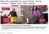 Security upgrade for your home. Art by women "repels men" Who knew? gloomy titles Suggest you're happier alone Buddha: A sign of poverty and isolation Clutter: Can damage your relationships by increasing irritability Vase: Another image of a single woman How to avoid turning your home into a manrepeller Interiors therapist Suzanne Robson, 52, who has a background in feng shui, advised Liz Hoggard on how to make her flat less off-putting to men. Liz had 51 images of... dailymail.co.uk 5:31 PM-10 Feb 2019