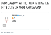 OMAYGAWD WHAT THE F--- IS THIS? IDK IF ITS CUTE OR WHAT AHWIJANANA 방탄소년단 @BTS twi #JIMIN 0:16 3:45 AM 14 Feb 2019