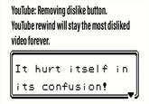 Too early? YouTube: Removing dislike button. YouTube rewind will stay the most disliked video forever. It hurt i tsel f in i ts confusi on +