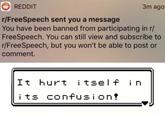 A little ironic REDDIT 3m ago r/FreeSpeech sent you a message You have been banned from participating in r/ FreeSpeech. You can still view and subscribe to r/FreeSpeech, but you won't be able to post or comment. It hurt tsel f i n i ts Cconfusi on!