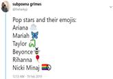 subpoena gri @theharkyp mes Pop stars and their emojis: Ariana Mariah Taylor Beyonce Rihanna Nicki Minaj 12:53 AM - 19 Feb 2019