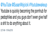 @YouTube @SusanWojcicki #Youtubewakeup Youtube is quickly becoming the pornhub for pedophiles and you guys don't even give half a s--- to do anything about it. 2:27 AM-18 Feb 2019