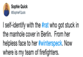 Sophie Quick @SophieFQuick I self-identify with the #rat who got stuck in the manhole cover in Berlin. From her helpless face to her #winterspeck. Now where is my team of firefighters