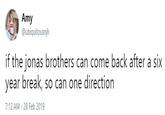 Amy @ubiquitousnjh if the jonas brothers can come back after a six year break, so can one direction 7:12 AM 28 Feb 2019