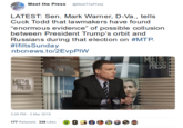 Me the Press @MeetThePress LATEST: Sen. Mark Warner, D-Va., tells Cuck Todd that lawmakers have found "enormous evidence" of possible collusion between President Trump's orbit and Russians during that election on #MTP. #lfiltsSunday nbcnews.to/2EvpPIW PRESS 3:08 PM -3 Mar 2019 Lin-Manuel Miranda Hamilton Text Media