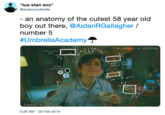 otua stan acc @anatomyofedits an anatomy of the cutest 58 year old boy out there, @AidanRGallagher / number 5 #UmbrellaAcademy t GIUE the umbrella academy saft.fluffy hair sparklyeyes and Perfect eyebrows color Pallette cute of coffee number 5 5:28 AM-28 Feb 2019