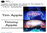 Expanding Brain Taylor @TaylorlBR646 Legally changing my name to Tim Apple to become the CEO of Apple. Tim Apple Timmy Apple 3:20 PM - 6 Mar 2019