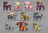 sequel to <a href="https://knowyourmeme.com/photos/1454119-pokemon-variants"></a>

holy crap this took a while. but here we finally are with the rest of the types. i generally prefer these a lot to the previous batch as i got to (and had to) get more creative to capture the type in question instead of just kind of going general elemental. part of me wants to redesign some forms in the previous batch but the majority of me just never wants to look at an arceus again.

<a href="https://www.deviantart.com/wolframclaws/art/arceus-forms-batch-two-788717283">on my deviantart</a>

if you're lost on the types (though i tried my best to make them well representative), they're:
dark, psychic, fairy, poison,
dragon, bug, ghost,
steel, fighting, ground