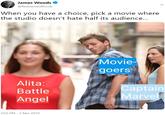 James Woods @RealJamesWoods When you have a choice, pick a movie where the studio doesn't hate half its audience... Movie- goers Alita: Battle Angel Captain Marve 2:02 PM - 3 Mar 2019