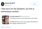 Darren Rovell Follow @darrenrovell I feel sorry for the Senators, but this is tremendous content. The Action Network@ActionNetworkHQ The Senators are trash, but we're gonna bet on them tonight." @TheBigLeebowski on why he can't possibly resist betting the NHL's biggest underdog since 2015: 0:52 4:38 PM-2 Mar 2019