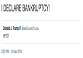 I DECLARE BANKRUPTCY! Donald J. Trump. @realDonaldTrump VETO! 3:22 PM-14 Mar 2019