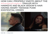 HOW CAN I PROPERLY EMOTE ABOUT THE #AvengersEndgame TRAILER WITH HAWKEYE AND BLACK WIDOW'S HAIR HAVING ANGRY TEENAGE PUNK EXISTENTIAL CRISES 8:52 AM-14 Mar 2019