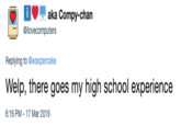 D aka Compy-chan @ilovecomputers Replying to @waxpancake Welp, there goes my high school experience 6:16 PM - 17 Mar 2019