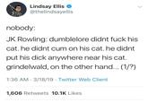 Lindsay Ellis @thelindsayellis nobody: JK Rowling: dumblelore didnt f--- his cat. he didnt c-- on his cat. he didnt put his d--- anywhere near his cat. grindelwald, on the other hand... (1/?) 1:36 AM.3/18/19 Twitter Web Client 1,606 Retweets 10.1K Likes