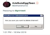 #JeSuisEggTeen @allthatishorrid Replying to @grimiestt hMailServer Administrator Are you sure you want to delete Internet? Yes No 1:01 PM-18 Mar 2019