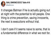 It changes Batman if he is actually going out at night with the potential to kill people. One thing is crime prevention, saving innocents, the next is executions without trial. GAIL SIMONE ECCC Table A16 @GailSimone It changes Batman if he is actually going out at night with the potential to kill people. One thing is crime prevention, saving innocents, the next is executions without trial I don't care if it seems naive to some, that is a fundamental difference in what we root for.