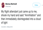Marissa Martinelli @miscivisci Follow My flight attendant just came up to me, shook my hand and said "Annihilation" and then immediately disintegrated into a cloud of light 12:32 AM-29 Mar 2019
