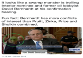 It looks like a swamp monster is trolling Interior nominee and former oil lobbyist David Bernhardt at his confirmation hearing. Fun fact: Bernhardt has more conflicts of interest than Pruitt, Zinke, Price and Shulkin combined INTERIOR SECRETARY CONFIRMATION HEARING SEN. RON WYDEN D-O C-SPAN3 Hon. David Bernhardt 11:16 AM -28 Mar 2019