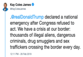 Kay Coles James @KayColesJames @realDonaldTrump declared a national act. We have a crisis at our border: emergency after Congress refused to thousands of illegal aliens, dangerous criminals, drug smugglers and sex traffickers crossing the border every day. 2:11 PM-26 Feb 2019