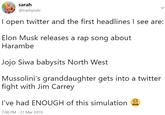 sarah @trashynski I open twitter and the first headlines I see are: Elon Musk releases a rap song about Harambe Jojo Siwa babysits North West Mussolini's granddaughter gets into a twitter fight with Jim Carrey I've had ENOUGH of this simulation 7:08 PM -31 Mar 2019