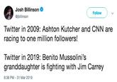 Josh Billinson @jbillinson Follow V Twitter in 2009: Ashton Kutcher and CNN are racing to one million followers! Twitter in 2019: Benito Mussolini's granddaughter is fighting with Jim Carrey 8:38 PM-31 Mar 2019