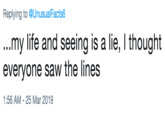 Replying to @UnusualFacts6 ...my life and seeing is a lie, I thought everyone saw the lines 1:56 AM-25 Mar 2019