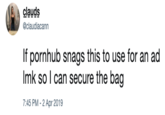 clauds @claudiacann If pornhub snags this to use for an ad Imk so l can secure the bag 7:45 PM-2 Apr 2019