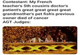 Contestant: Mv French teacher's 5th cousin's doctor's patient's great great great great grandmother's pet fish's previous owner died of cancer AGT Judges: